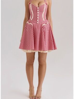 House of CB Red Gingham Halter Skater Dress with Cream Trim